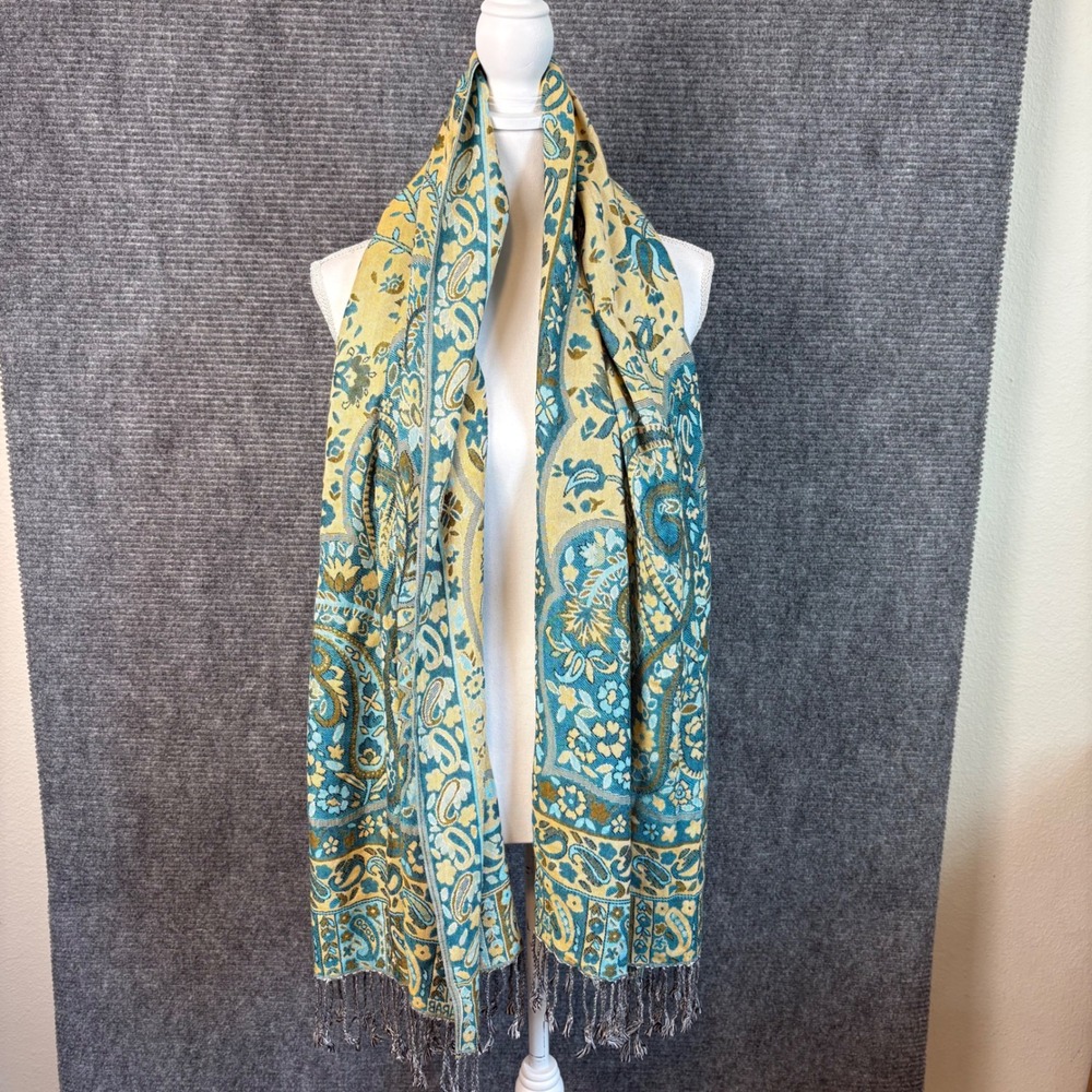 100% Pashmina Paisley Scarf Shawl Wrap Blue Cream Fringe Soft Boho Egypt - Picture 1 of 3
